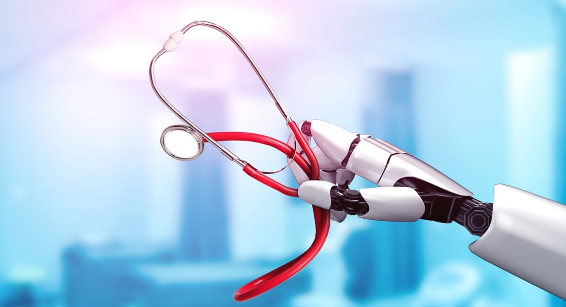 Robotic hand holding a stethoscope - large image.