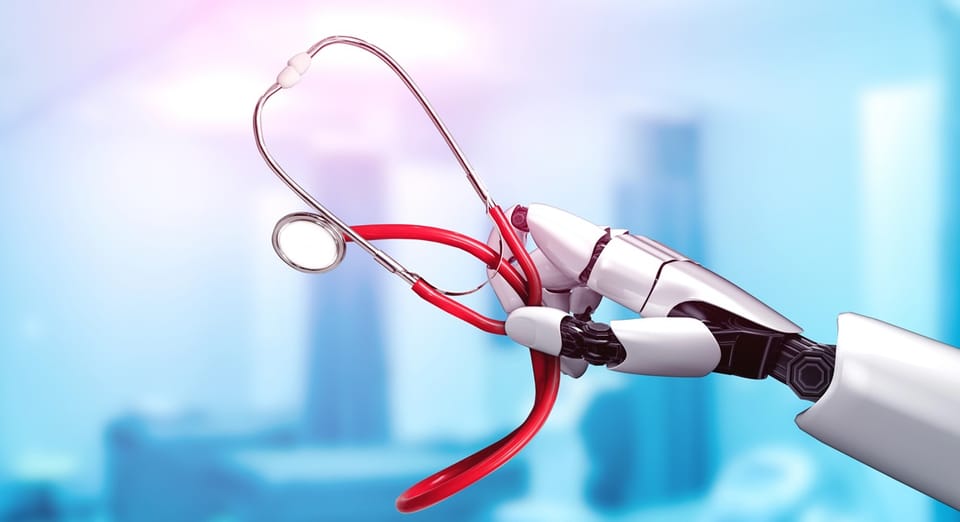 Robotic hand holding a stethoscope - large image.